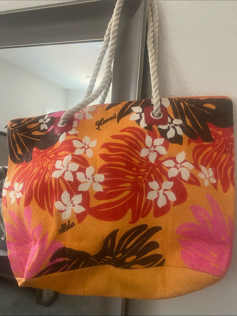Canvas Tropical Floral Tote Bag with Rope Handles - Orange Pink